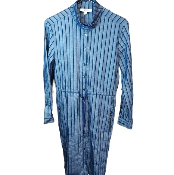 Etcetera E3 Blue striped NWT shirt dress drawstring waist collar, size 2 - Picture 1 of 15